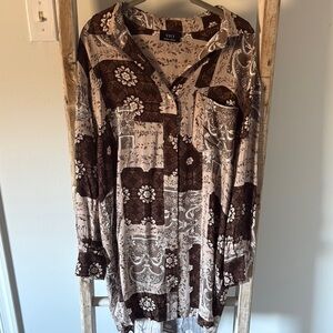 VICI Brown and Cream Floral Button-Up Shirt/ Cover Up
